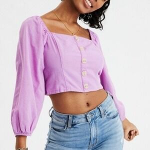 American Eagle Purple Puff Sleeve Crop Top Cotton Linen Womens Small